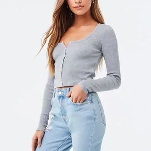 Gray Cropped Button-Up Shirt Long Sleeves